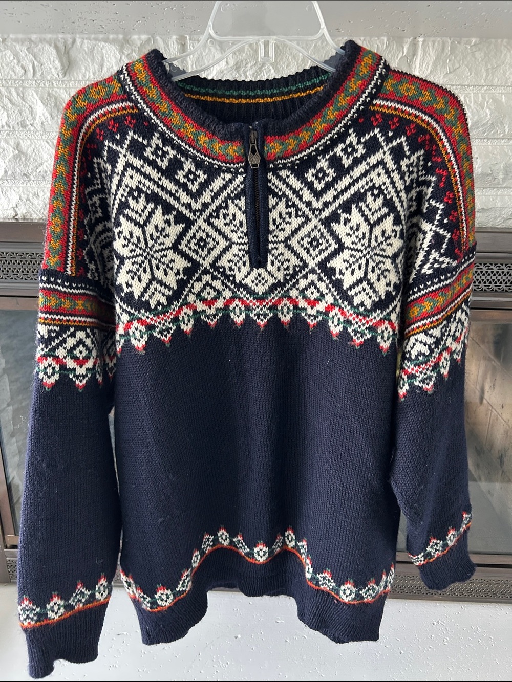 Dale of Norway Olympics Collection Navy Blue Fair Isle Half-Zip Wool Sweater, L